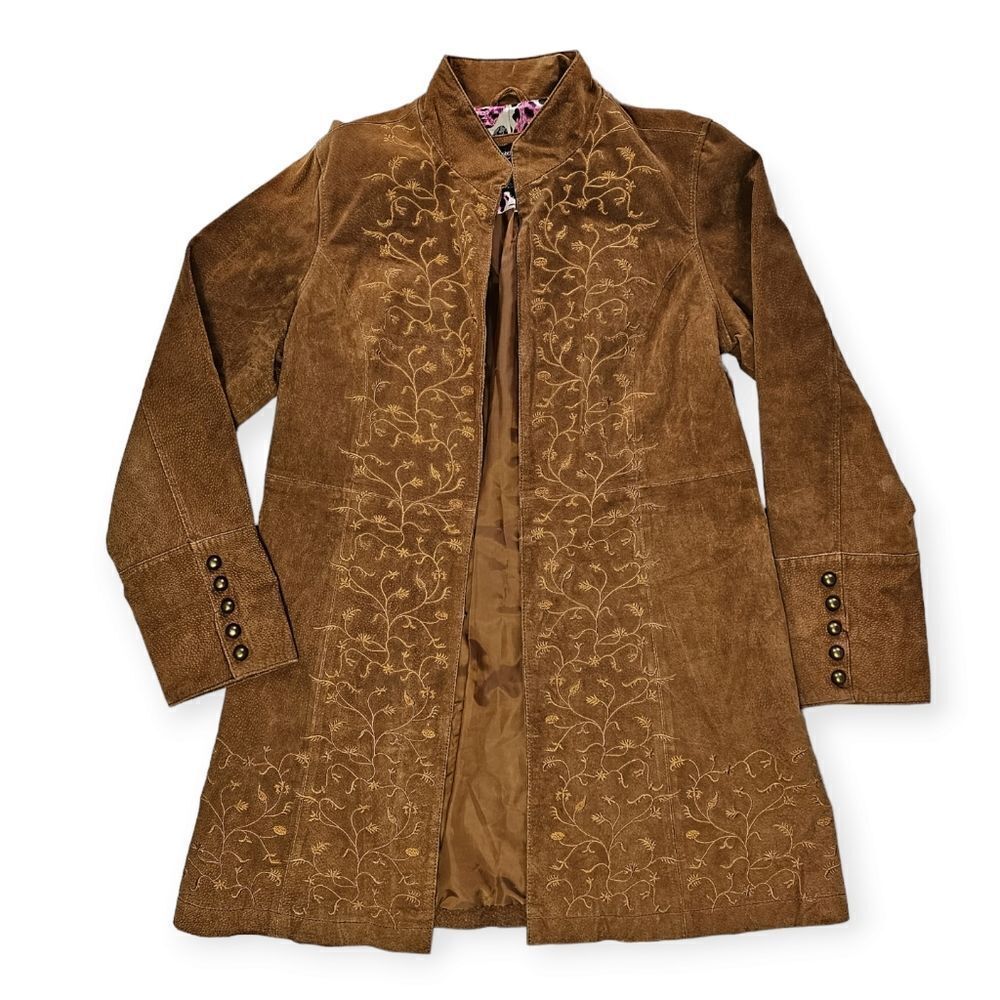 Prosper & Devine Leather Brown Floral Embroidered Trench‎ Women's Size XL